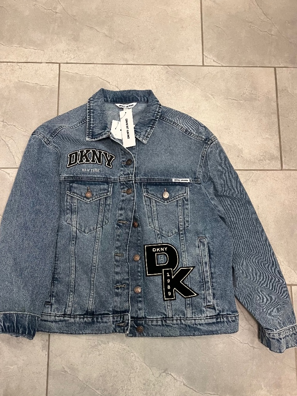 DKNY Light Blue Denim Jean Jacket with Logo Patches